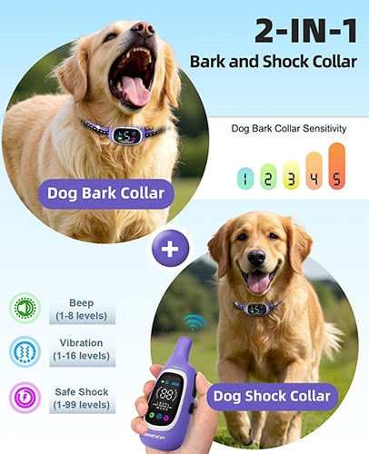 AIKEEP 2-in-1 Dog Shock Collar and Bark Collar for Dogs with Remote